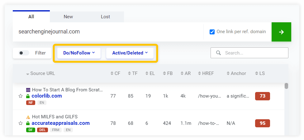 LinkMIner dofollow nofollow active filter