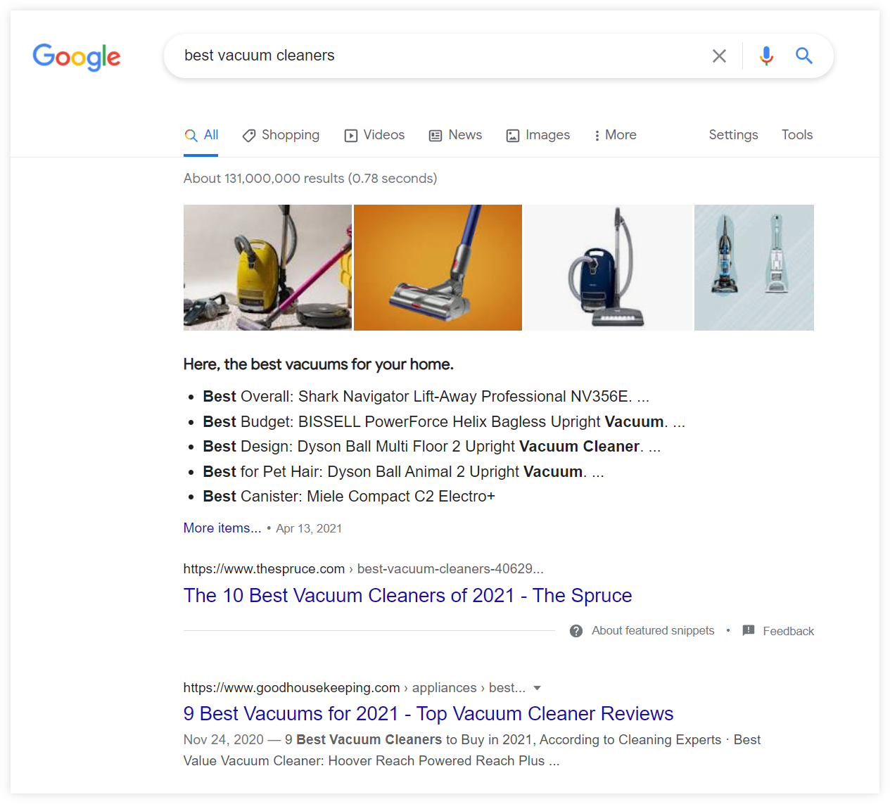 Analyzing search intent in Google SERP for the query “best vacuum cleaners” - example