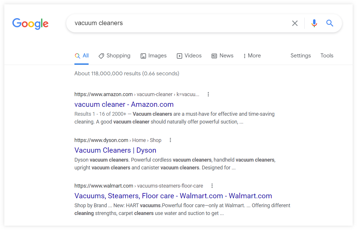 Analyzing search intent in the SERP for the keyword "vacuum cleaners" - example