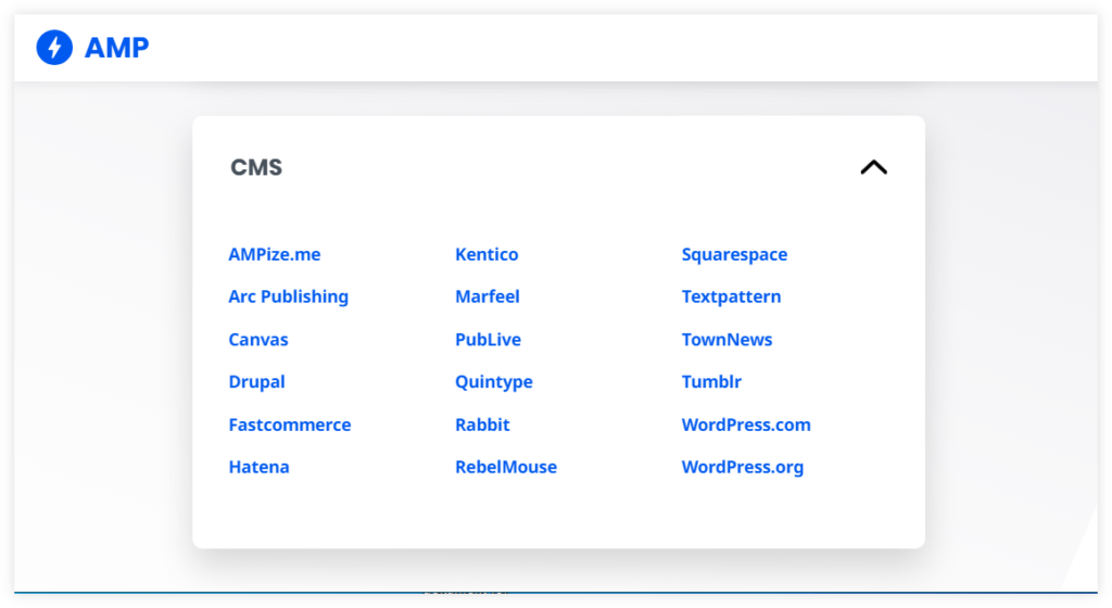 Platforms that support AMP (source - amp.dev)