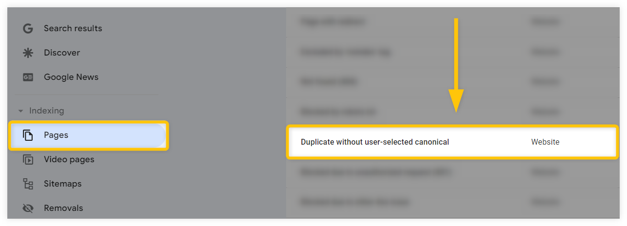 reviewing canonical tags and duplicate issues via Google Search Console Page Indexing report - example